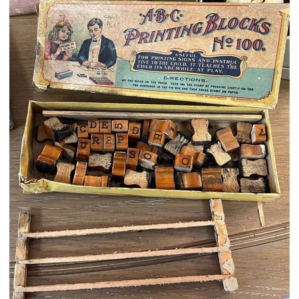 A. B. C. Printing Blocks No. 100 Vintage Blocks, Original Box, Circa 1900